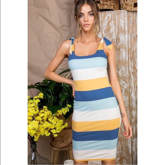 Dresses & Skirts - Blue Tie Shoulder Multi Color Stripe Dress